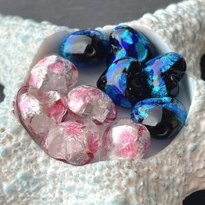 ホタルガラス ハートブルー&ピンク 10個セット*蓄光*とんぼ玉*トンボガラス*ハンドメイド素材*アクセサリーパーツ*