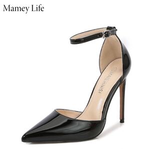 Mamey Life 超細いヒール、ハイヒール、女性、新作ファッション、黒赤底、12センチ、浅口尖頭