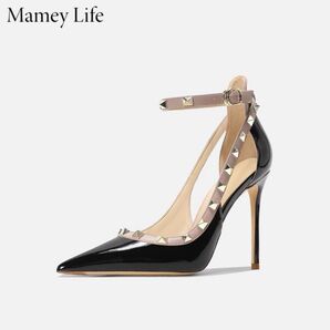 Mamey Life リベットシューズ、尖ったつま先、ハイヒール、新型、気質包頭細ヒール一、字帯オレンジサンダル、ファッション