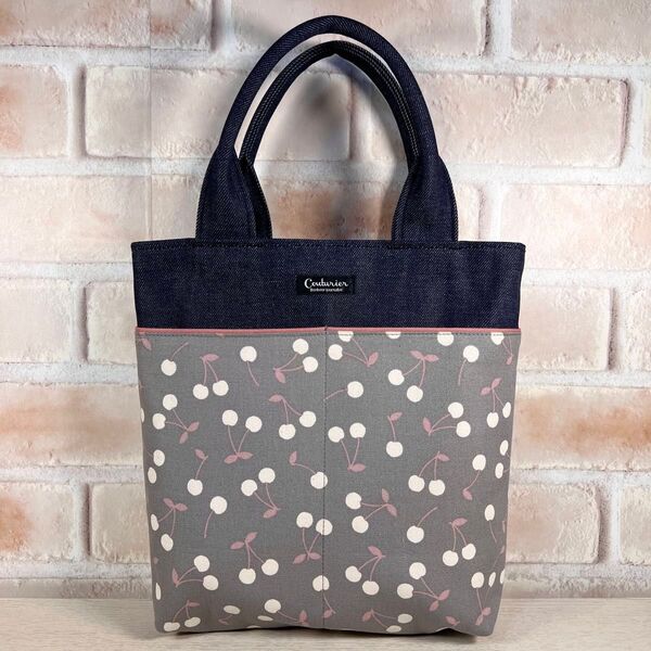 帆布ミニトートバッグ デニム さくらんぼ ハンドメイド
