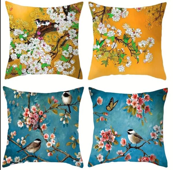 【クッションカバー】【4枚セット】花と鳥のデザイン イエロー ブルー