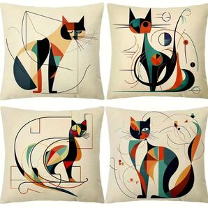 【クッションカバー】【4枚セット】抽象猫デザイン モダン
