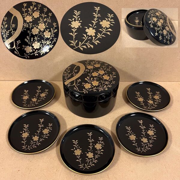 黒塗 金梅蒔絵 木製 小皿 5客 小箱 茶道具 煎茶道具 菓子皿 丸皿 木皿