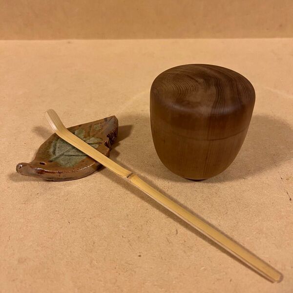 桐棗 竹匙 木葉型匙置き 3点セット 茶道具 煎茶道具 茶入 茶筒