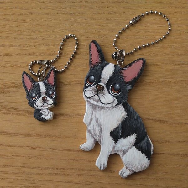犬No3・大小キーホルダー2個セット フレンチブルドッグ バッグチャーム ハンドメイド アクセサリー 雑貨 犬