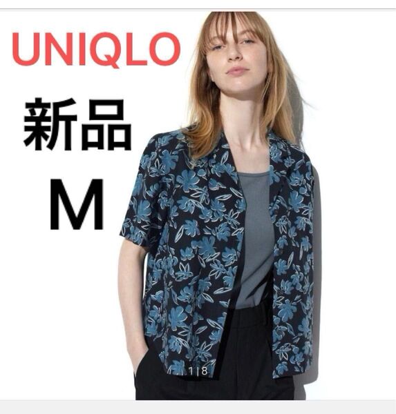 【新品】ラスト1点! ★大人気完売商品★ UNIQLO ユニクロ リネンブレンドプリントオープンカラーシャツ(半袖)ブラック