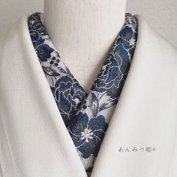 洗える刺繍半衿 青ばら