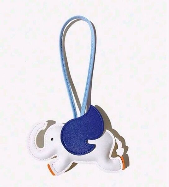 レザー 新品 バッグチャーム エレファント エンジェル ホワイト×ブルー ストラップ キーホルダー