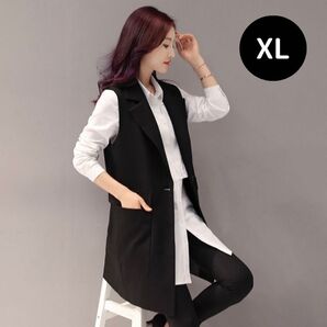 XL ロング ジレ ベスト きれいめ シンプル おしゃれ ブラック 黒