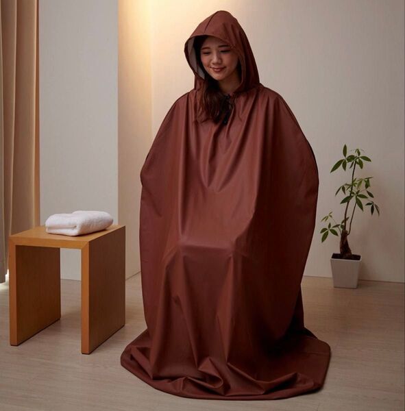 新品未使用高級業務用サロン用よもぎ蒸しマント厚手ブラウンフード付きポンチョ国内設計