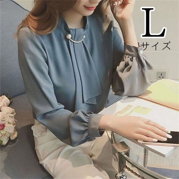 ☆ボウタイ☆シフォン☆ブラウス☆パール☆ブローチ☆グリーン L〜XL