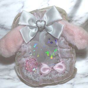 ハンドメイド トレカケース デコ レース 硬貨ケース ピンク 白 垂れ耳 リボン