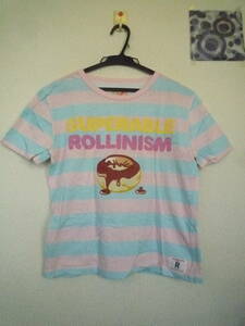 ★ ROLLIN　ボーダー（ピンク×水色）半袖Tシャツ　M プリント英字＆絵入