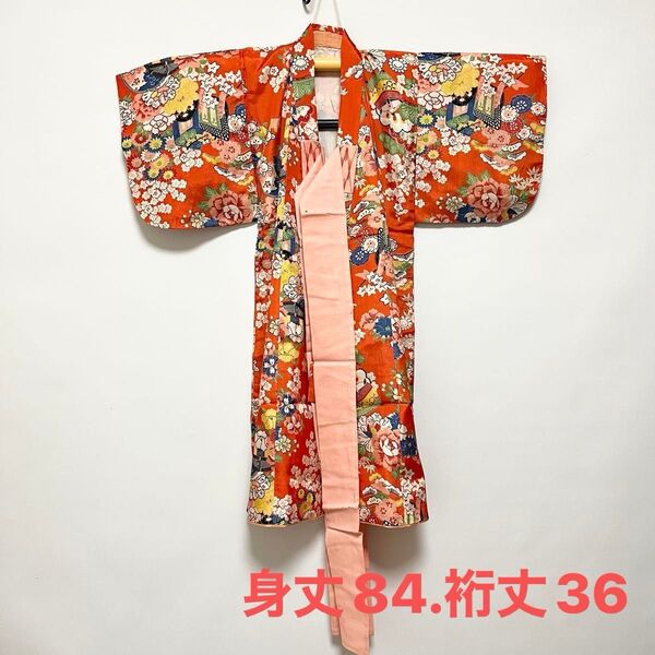 ヴィンテージ キッズ 着物 オレンジ系 花柄 大正 昭和レトロ 和装 女児和装 アンティーク 古布 リメイク 子供 100 七五三