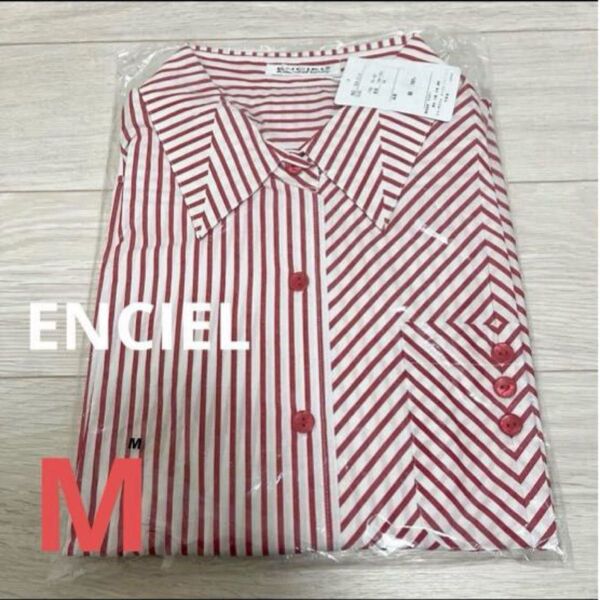 新品 ENCIEL ストライプ柄 M 長袖 シャツ レッド ② 綿100% トップス ブラウス ポケット有り