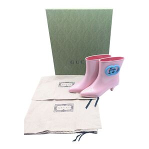 グッチ GUCCI インターロッキング レインブーツ レディース 長靴 アンクルブーツ ピンク ヒール ハイヒール