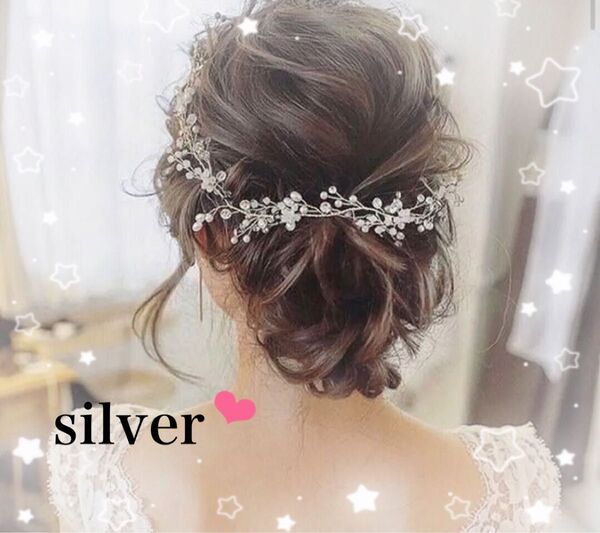 ヘッドドレス シルバー ヘアアクセサリー 髪飾り パール リーフ 結婚式 パーティー