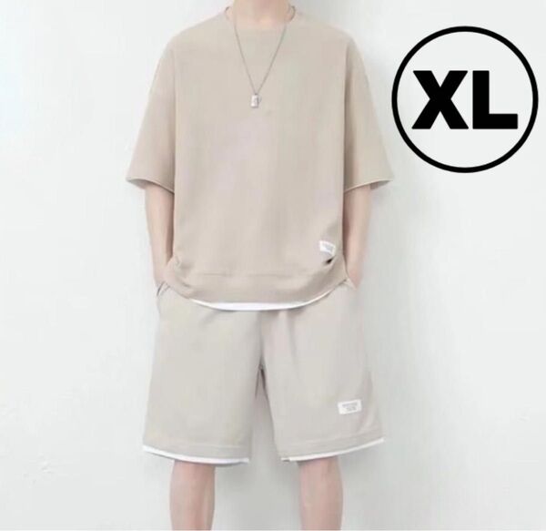 大きいサイズ セットアップ カットソー ハーフパンツ メンズ 快適 速乾 ゆったり XL 2XL 3XL 4XL 5XL ベージュ