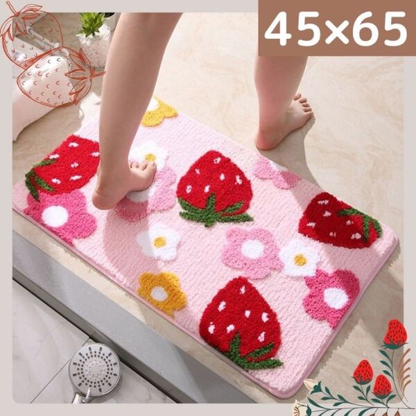 バスマットいちご柄 玄関マットキッチンマット 可愛い 滑り止め付き