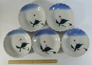 ☆23H 昭和レトロ■手描き 小皿 5枚 白･青■未使用, 和食器, 皿, 小皿