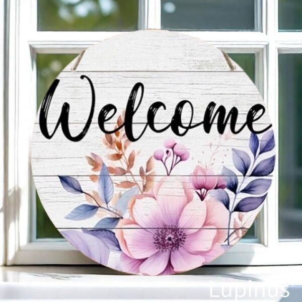 木製リース Welcome ウェルカムプレート オーナメント ナチュラル ボタニカル フラワー 壁飾り ウォールデコ 木目調 白