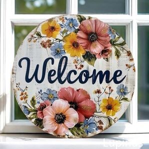 木製リース Welcome ウェルカムプレート オーナメント ナチュラル ボタニカルフラワー 壁飾り ウォール カラフル パンジー