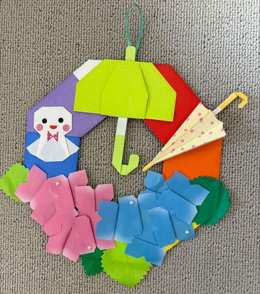 ハンドメイド 折り紙リース 梅雨 あじさい