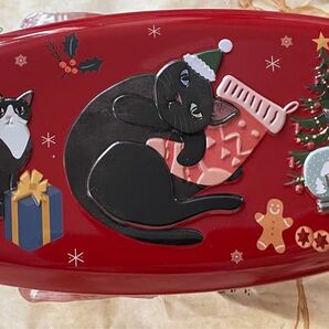 クリスマス 猫 ネコ オーバル缶 ペン メガネ ケース 黒猫 ハチワレ