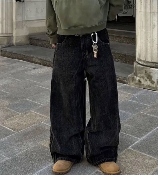ヴィンテージ風ブラックワイドデニム S〜XXL