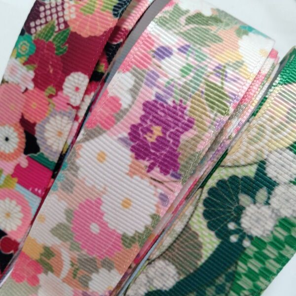 和柄 グログランリボン 25mm まとめ売り 合計 約 7m 和風 着物 柄 日本 菊 松 桜 緑 赤 ピンク 黒 紫 メートル