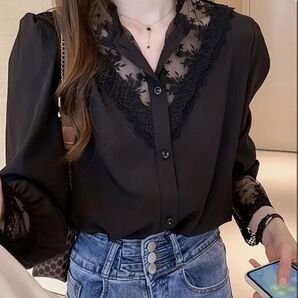 シフォンシャツ 長袖シャツ ブラック レース 韓国風 オフィス ママ ブラウス