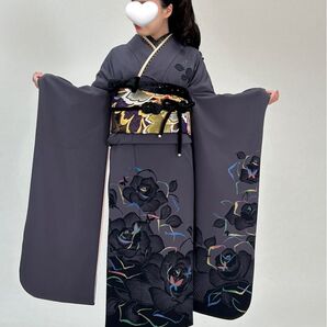 振袖フルセット バラ チャコールグレー