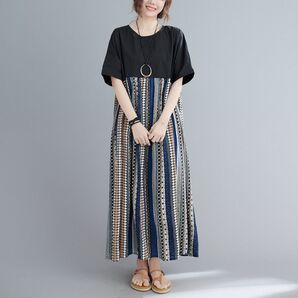 ネイティブ 柄 エスニック 柄 民族柄 パッチワーク ストライプ ワンピース ゆったり シルエット マタニティ 体型カバー 夏服