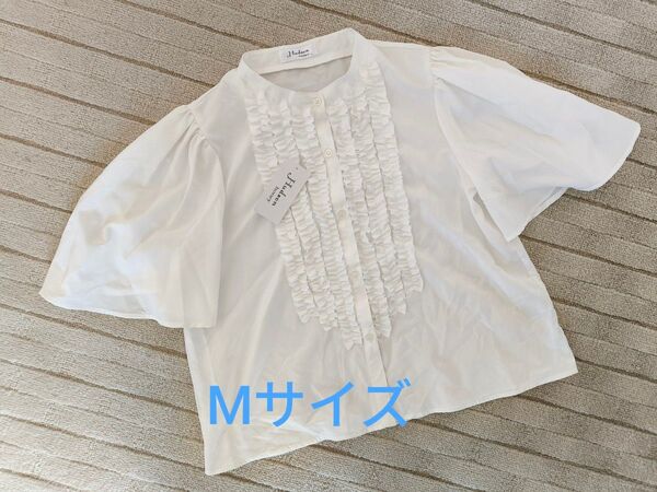 ☆未使用!半袖 ブラウス Mサイズ☆ 白 ホワイト☆胸もとフリル ボリューム袖☆レディース
