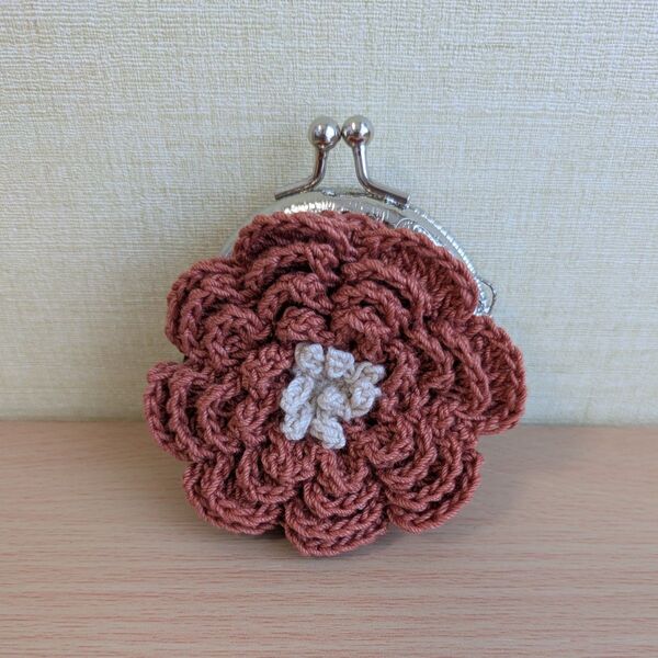 ハンドメイド お花のがま口 小銭入れ オレンジ かぎ針編み