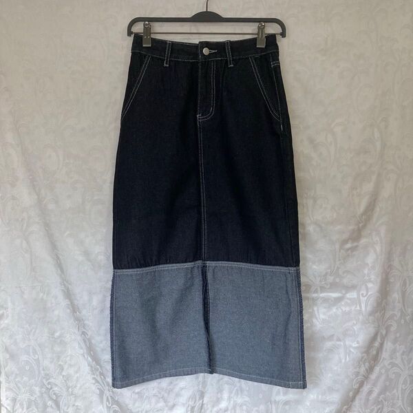 【美品 シーイン】FRIFUL デニム 裾 切り替え ロングスカート フロントスリット M S インディゴ ネイビーブラック 綿混
