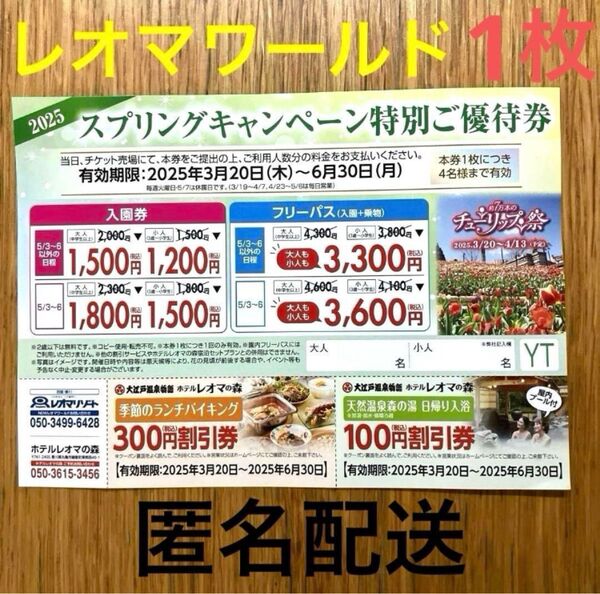 香川県 レオマワールド 特別ご優待券 割引券入園券 フリーパス 1枚 匿名配送