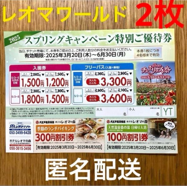 香川県 レオマワールド 特別ご優待券 割引券入園券 フリーパス 2枚 匿名配送