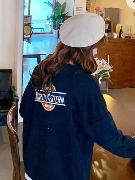 【未使用】Lサイズ NORTH WESTERNルーズロングT トレーナー ネイビー 韓国 長袖 冬服