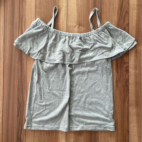 SHISKY フリルノースリーブ オフショルダー Tシャツ トップス 160 グレー 子供服 キッズ カットソー シャツ 半袖