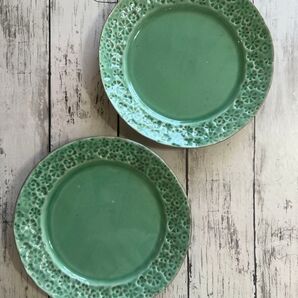 花柄 グリーン22cm丸皿2枚 益子焼 オシャレ 陶器 中皿 メイン皿 デザート皿