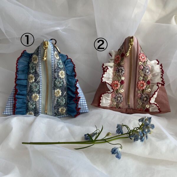 ハンドメイド テトラポーチ ポーチ インド刺繍リボン