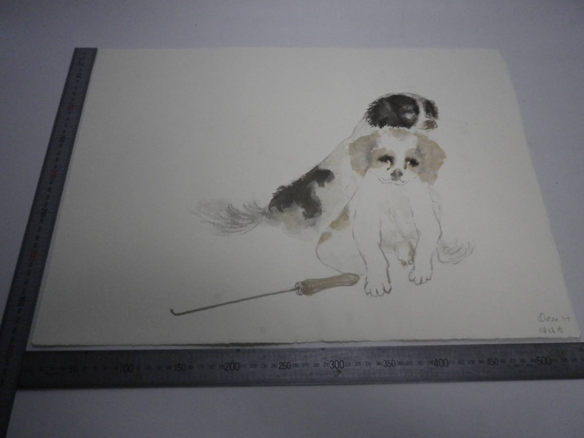 ｢犬 2 ~ 犬 3(裏表描画)｣水墨画【坂垣内 将泰】作者直筆原画｢真作｣P10号ハーネミューレ紙(経年保管品)【送料無料】00700233, 美術品, 絵画, 水墨画