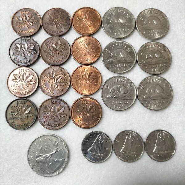 カナダコイン 22枚★1セント 12枚(1956年) 10セント 3枚 5セント 6枚(1975年) 25セント (1974年)