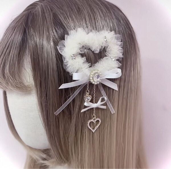 ホワイト 白 ハート リボン ヘアクリップ ヘアピン ヘアメ 量産型 地雷系 春