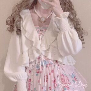 ニット フリル 長袖 カーディガン 白 春 ロリータ ホワイト かわいい ボレロ
