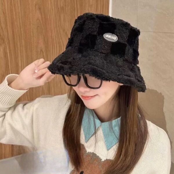 バケットハット もこもこ ふわふわ ファー 韓国 ハット 帽子 防寒 かわいい オシャレ おしゃれ 格子