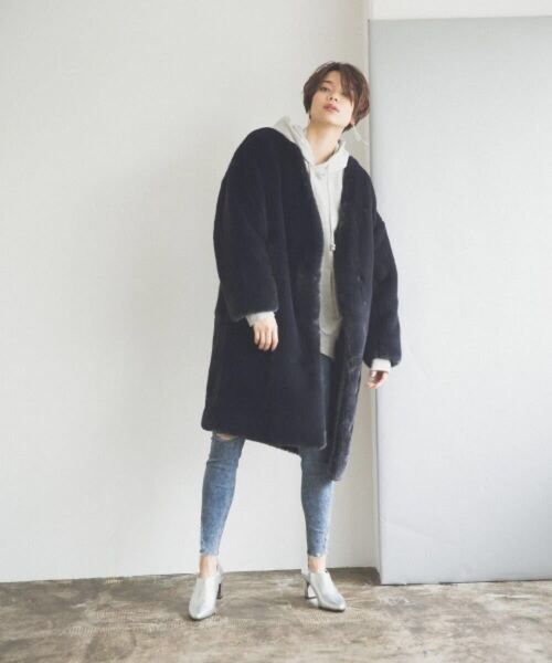 JEANASIS ボリュームファーノーカラーコート ネイビー