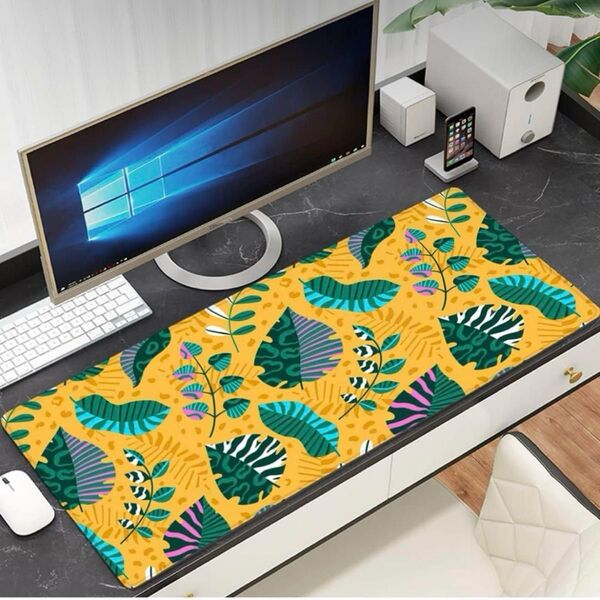 新品!マウスパッド 約90cm x 40cm デスクワーク 滑り止め 総柄 柄 黄色
