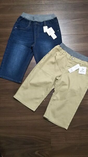 2枚 新品タグ付き のびるっち ストレッチ ハーフパンツ デニム ベージュ サイズ150